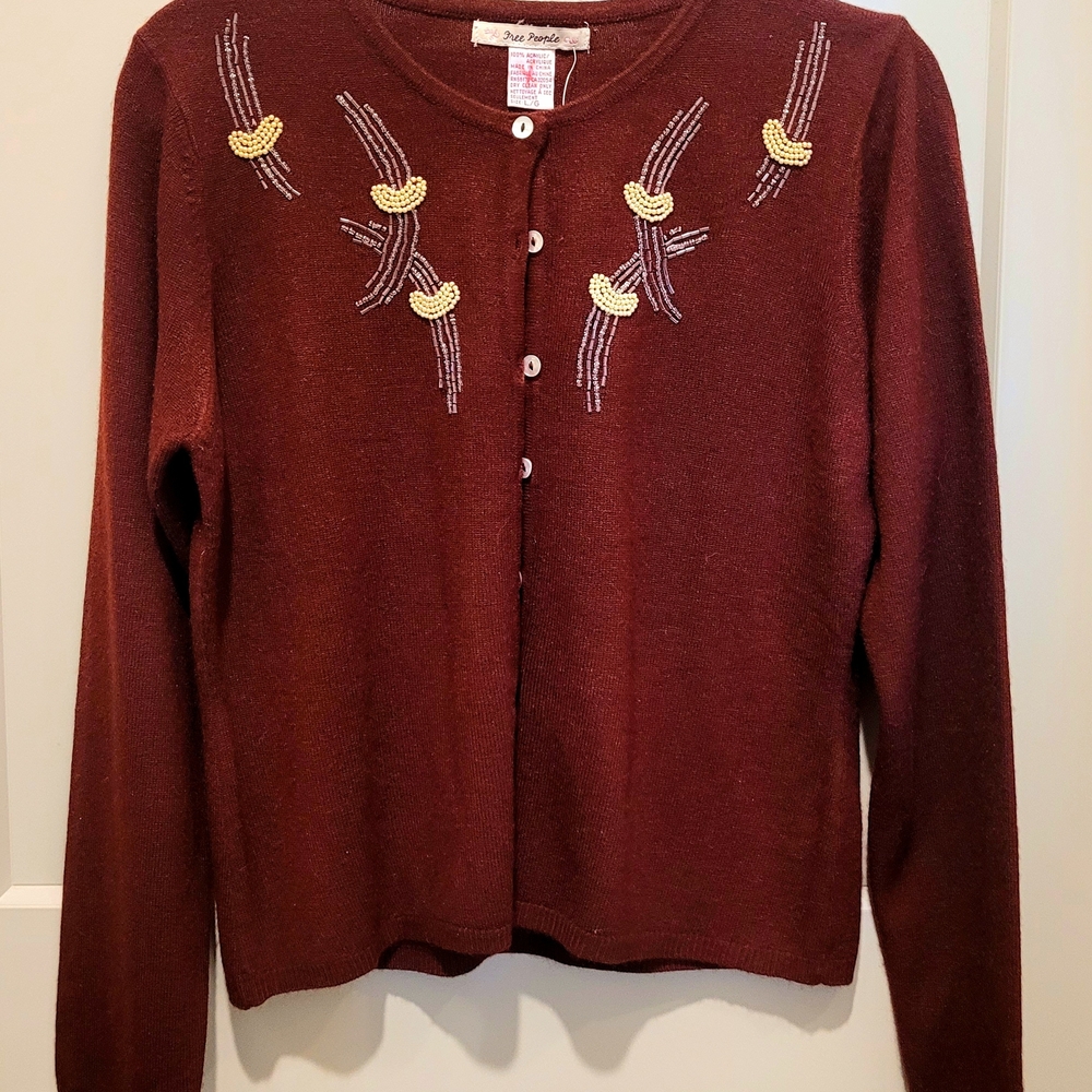 Free People Rich Maroon Vintage Inspired Beaded Cardigan - Picture 3 of 8